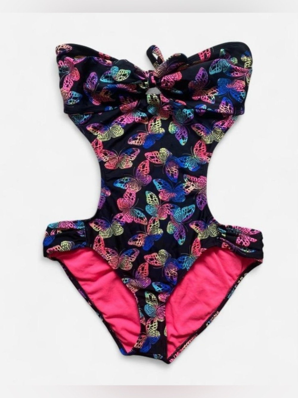 Y2k Black & Multi Color Butterfly Print Strapless Monokini with Open Back